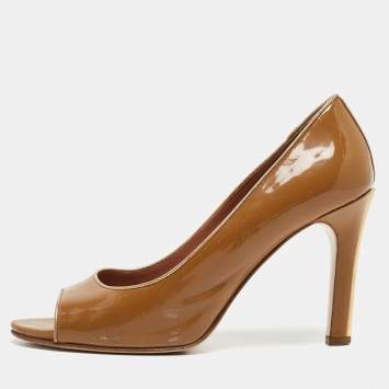 Pre Owned Miu Miu Brown Patent Leather Open Toe Pumps Size 39