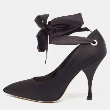 Pre Owned Miu Miu Black Satin Ankle Wrap Pumps Size 38.5