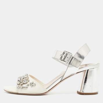 Pre Owned Miu Miu White/Silver Leather Ankle Wrap Sandals Size 39