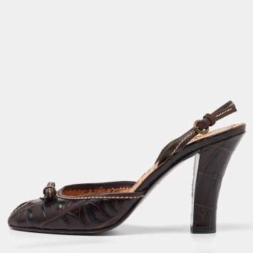 Pre Owned Miu Miu Dark Brown Croc Embossed Leather Bow Slingback Sandals 39