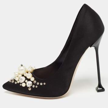 Pre Owned Miu Miu Black Satin Crystal Embellished Pumps Size 37