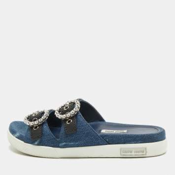 Pre Owned Miu Miu Navy Blue/Black Denim and Leather Crystal Embellished Flat Slides Size 37