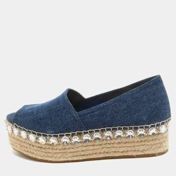 Pre Owned Miu Miu Blue Denim Crystal Embellished Platform Espadrille Flats Size 38