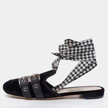 Pre Owned Miu Miu Black Velvet and Leather Strappy Flat Mules Size 42