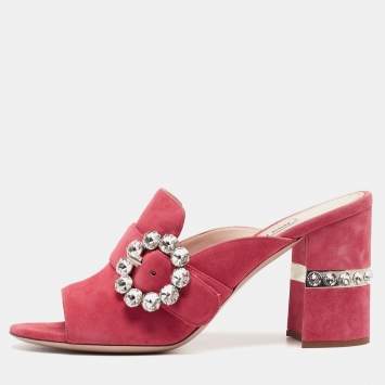 Pre Owned Miu Miu Pink Suede Crystal Embellished Block Heel Sandals Size 40