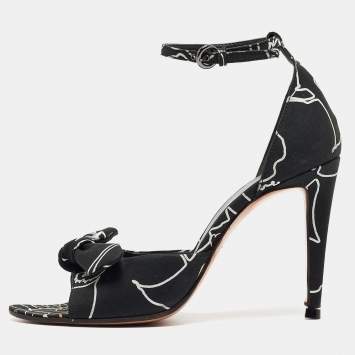 Pre Owned Miu Miu Black/White Fabric Bow Ankle Strap Sandals Size 36