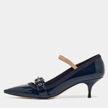 Pre Owned Miu Miu Navy Blue Patent Pointed Toe Buckle Pumps Size 38.5