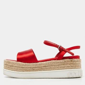 Pre Owned Miu Miu Red Satin Espadrille Ankle Strap Platform Sandals Size 38