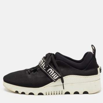 Pre Owned Miu Miu Black Knit Fabric Lace Up Sneakers Size 38