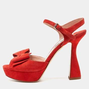 Pre Owned Miu Miu Orange Suede Platform Ankle-Strap Sandals Size 36.5