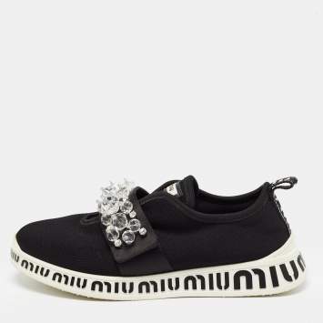 Pre Owned Miu Miu Black Fabric and Satin Crystal Embellished Slip On Sneakers Size 38.5