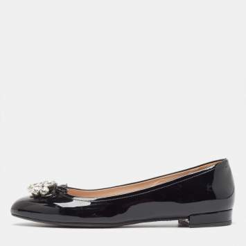 Pre Owned Miu Miu Black Patent Leather Crystal Embellished Ballet Flats Size 39