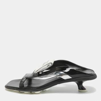 Pre Owned Miu Miu Black/White Patent and Leather Logo Slide Sandals Size 40.5