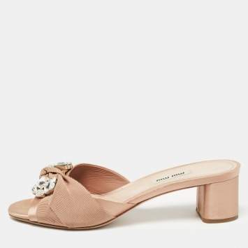 Pre Owned Miu Miu Beige Satin Crystal Embellished Sandals Size 38