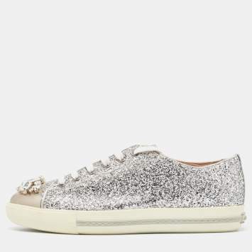 Pre Owned Miu Miu Silver Glitter and Leather Crystal Embellished Sneakers Size 39