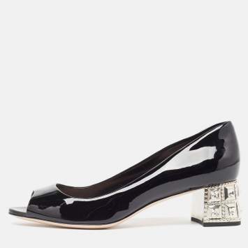 Pre Owned Miu Miu Black Patent Crystal Embellished Peep Toe Pumps Size 38