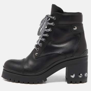 Pre Owned Miu Miu Black Leather Lace Up Combat Boots Size 37.5