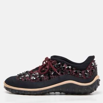 Pre Owned Miu Miu Black Satin Astro Crystal Embellished Low Top Sneakers Size 40