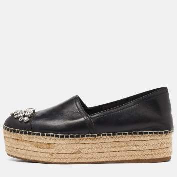 Pre Owned Miu Miu Black Leather Crystal Embelished Platform Espadrilles Flats Size 40