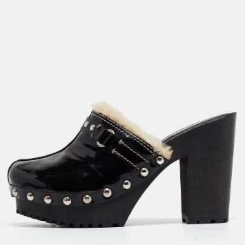Pre Owned Miu Miu Black Patent Leather Wooden Platform Mules Size 38.5