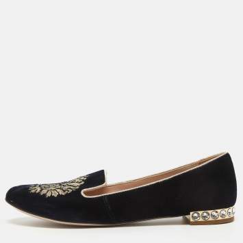 Pre Owned Miu Miu Navy Blue Velvet Embroidered Crystal Embellished Smoking Slippers  Size 36.5