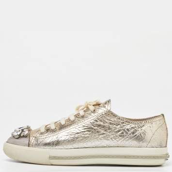 Pre Owned Miu Miu Gold Leather Crystal Embellished Cap-Toe Low-Top Sneakers Size 39