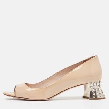 Pre Owned Miu Miu Beige Patent Leather Crystal Embellished Block Heel Peep Toe Pumps Size 37