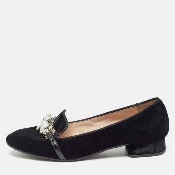 Pre Owned Miu Miu Black Velvet Crystal Embellished Smoking Slippers Size 37