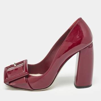 Pre Owned Miu Miu Burgundy Patent Leather Buckle Detail Block Heel Pumps Size 36