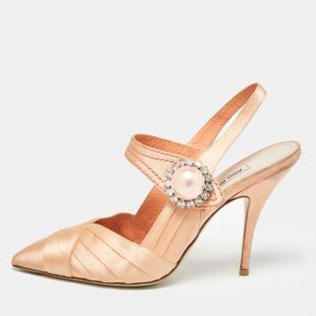 Pre Owned Miu Miu Orange Satin Crystal Embellished Slingback Pumps Size 38.5