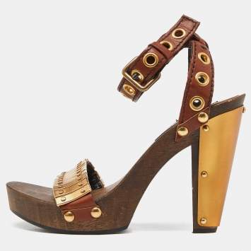 Pre Owned Miu Miu Brown/Gold Leather and Metal Platform Eyelet Ankle Strap Sandals Size 37