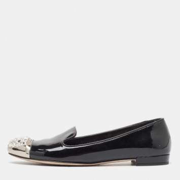 Pre Owned Miu Miu Black  Patent Leather Crystal Embellished Smoking Slippers Size 36