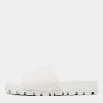 Pre Owned Miu Miu White Terry Fabric Logo Embroidered Slides Size 36