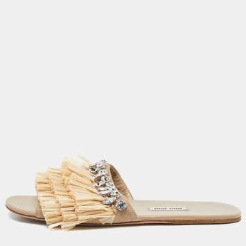 Pre Owned Miu Miu Beige Raffia and Suede Crystals Embellished Slide Flats Size 37