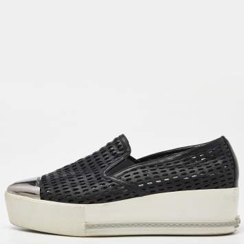 Pre Owned Miu Miu Black Perforated Leather Metal Cap Toe Slip On Sneakers Size 38