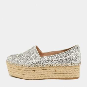 Pre Owned Miu Miu Silver Coarse Glitter Espadrille Platform Loafers Size 37.5