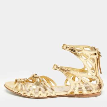 Pre Owned Miu Miu Gold Cut Out Leather Flat Sandals Size 36