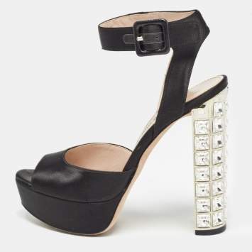Pre Owned Miu Miu Black Satin Embellished Block Heel Platform Sandals Size 35.5