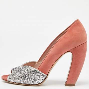 Pre Owned Miu Miu Orange/Silver Suede and Glitter Open Toe Pumps Size 38