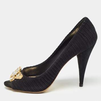Pre Owned Miu Miu Black Suede Crystals Embellishment Peep Toe Pumps Size 41