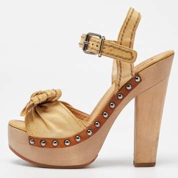 Pre Owned Miu Miu Beige Leather Ribbon Slingback Platform Sandals Size 35.5