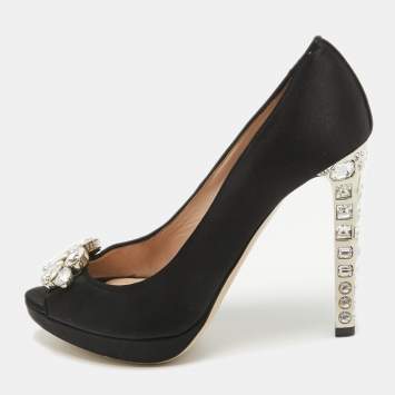 Pre Owned Miu Miu Black Satin Crystal Embellished Peep Toe Platform Pumps Size 37.5