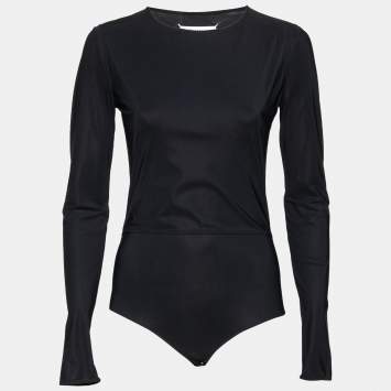 Pre Owned MM6 Maison Margiela Black Jersey Overlay Detail Long Sleeve Bodysuit M