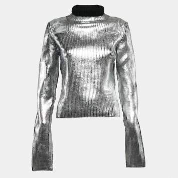 Pre Owned MM6 Maison Margiela Silver Printed Wool Blend Turtle Neck Sweater M