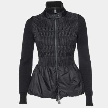 Pre Owned Moncler Grenoble Black Smocked Nylon and Wool Knit Evening Jacket S
