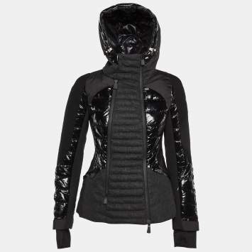 Pre Owned Moncler Grenoble Black Wool & Polyamide Paneled Quilted Hooded Jacket S