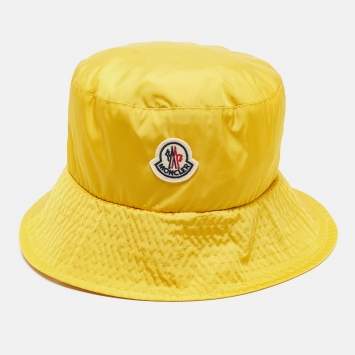 Pre Owned Moncler Yellow Logo Patch Nylon Bucket Hat M