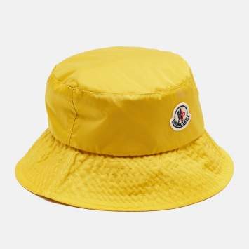 Pre Owned Moncler Yellow Logo Patch Nylon Bucket Hat S