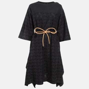 Pre Owned Moncler Black Broderie Anglaise Embroidered Cotton Asymmetric Midi Dress XS