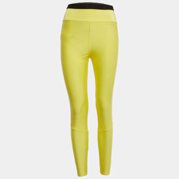 Pre Owned Moncler Yellow Logo Print Jersey Leggings M